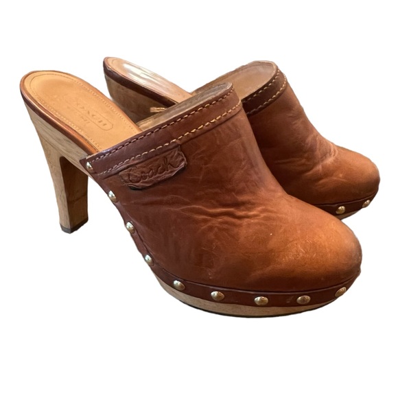 Coach Shoes - Leather Studded Brown Clog Heels